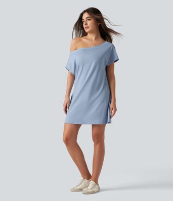 SoftlyZero™ Airy One Shoulder Short Sleeve Built-in Bra Cool Touch Mini Casual Dress