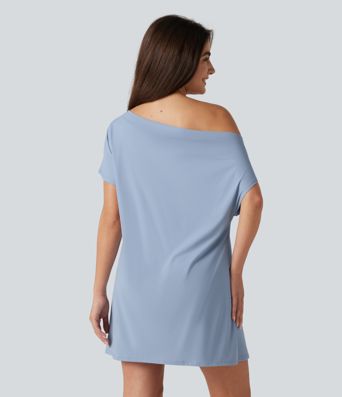 SoftlyZero™ Airy One Shoulder Short Sleeve Built-in Bra Cool Touch Mini Casual Dress