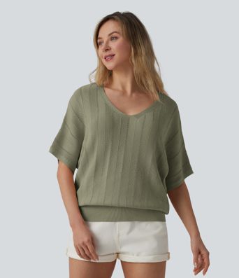 V Neck Short Sleeve Casual Sweater