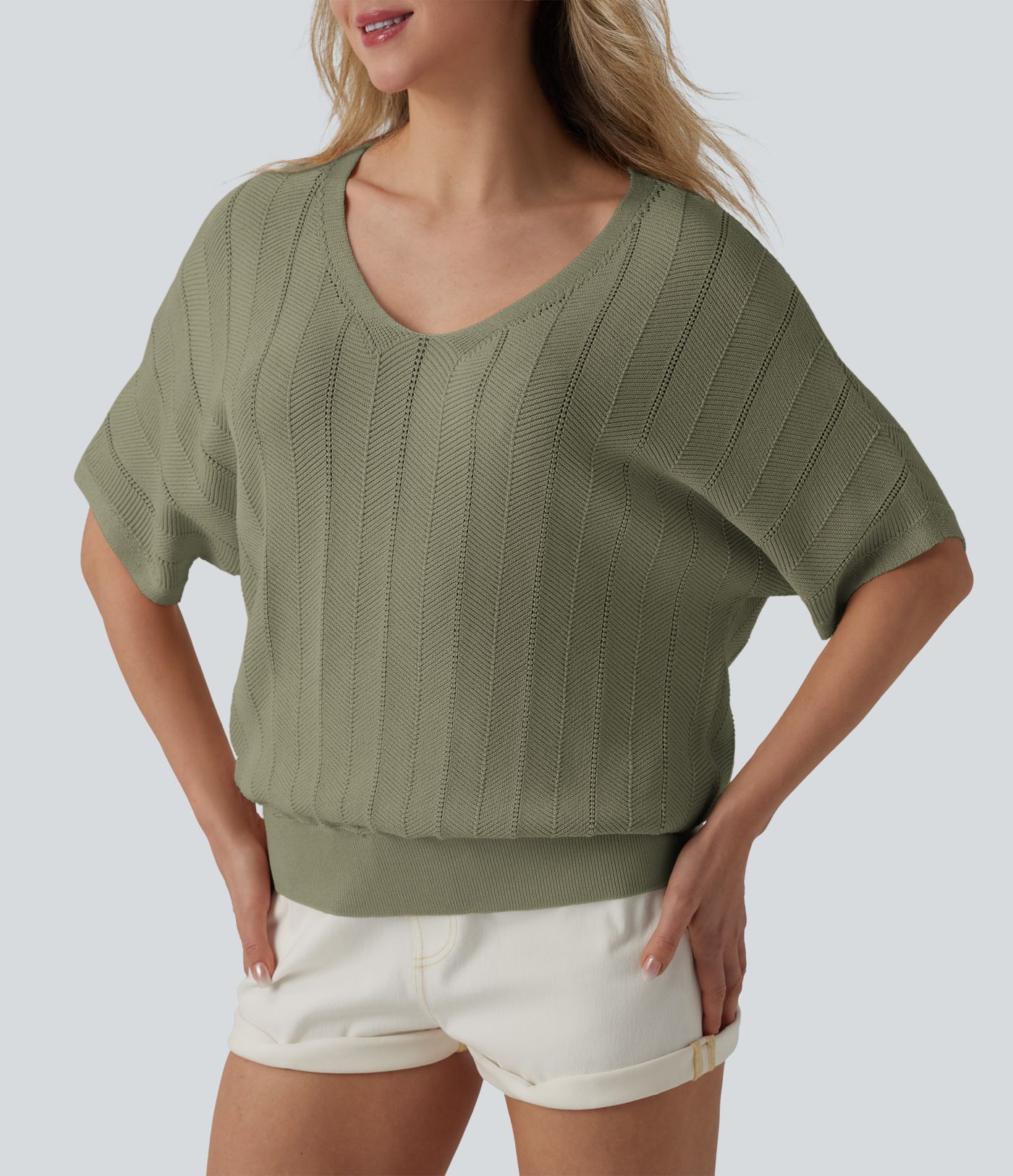 V Neck Short Sleeve Casual Sweater