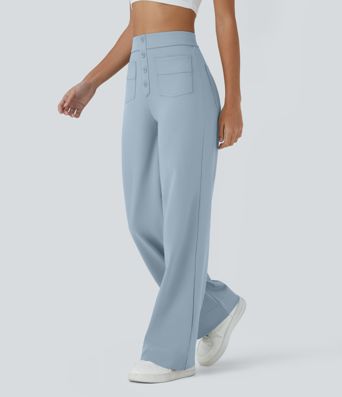 DayStretch High Waisted Pockets Straight Leg Casual Trousers