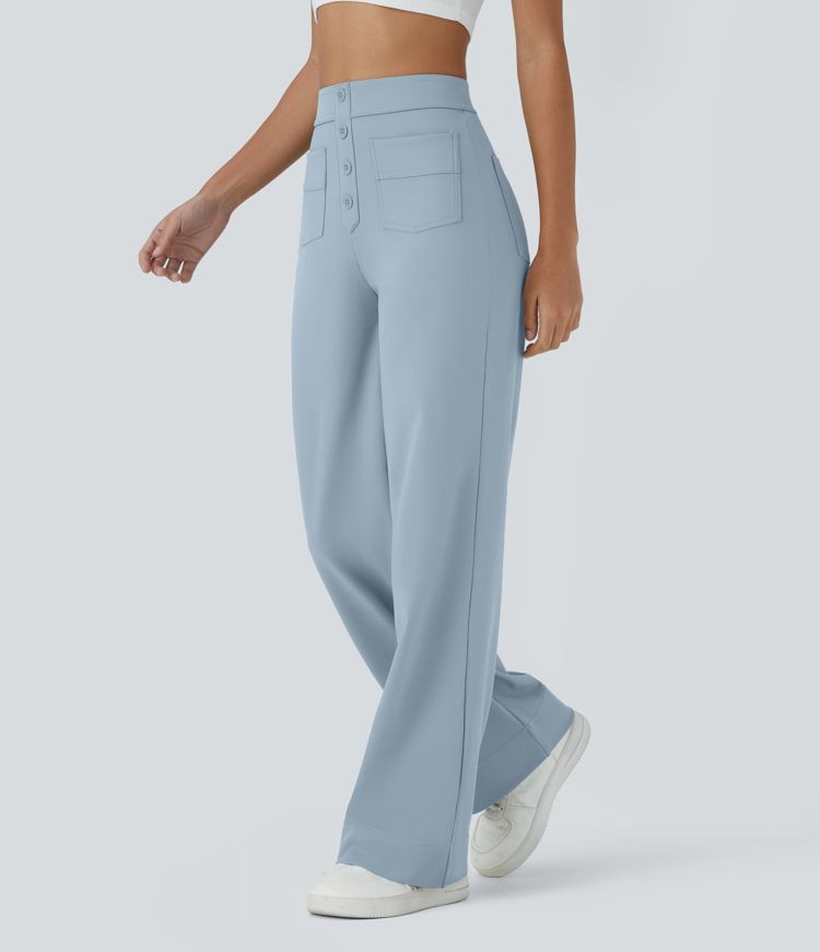 DayStretch High Waisted Pockets Straight Leg Casual Trousers