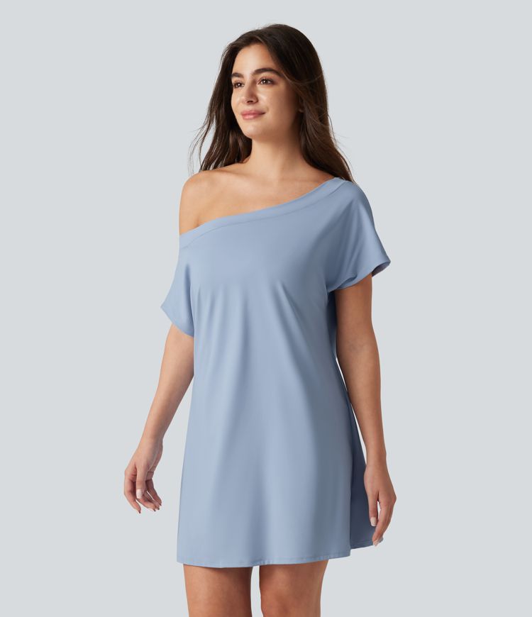 SoftlyZero™ Airy One Shoulder Short Sleeve Built-in Bra Cool Touch Mini Casual Dress