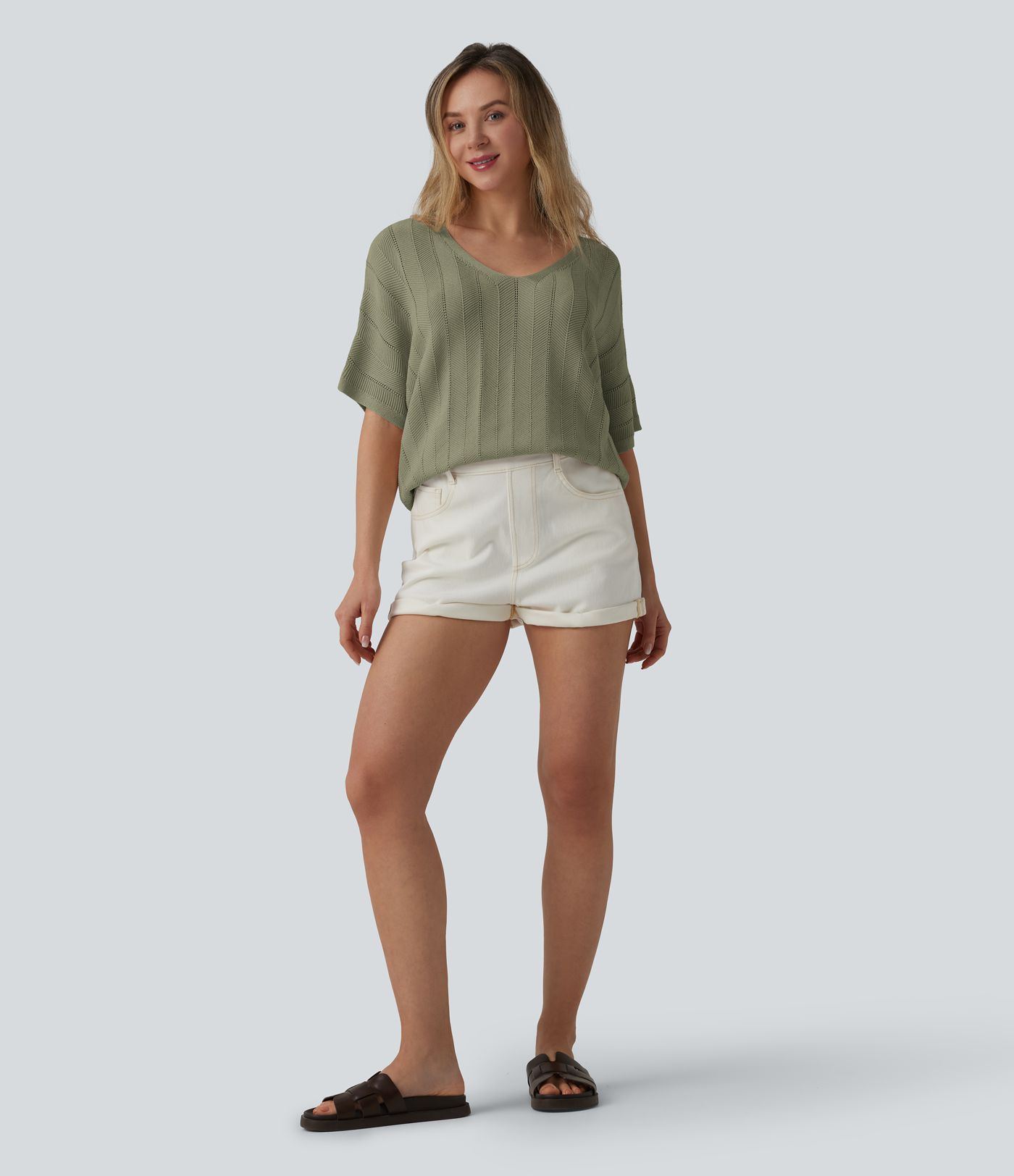 V Neck Short Sleeve Casual Sweater