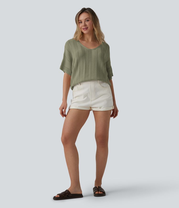 V Neck Short Sleeve Casual Sweater
