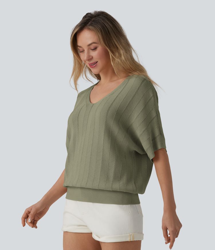 V Neck Short Sleeve Casual Sweater