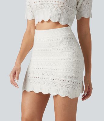 High Waisted 2-in-1 Open Knit Mini Casual Sweater Skirt with Pockets-Longer Length