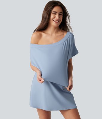SoftlyZero™ Airy One Shoulder Short Sleeve Built-in Bra Cool Touch Mini Casual Dress