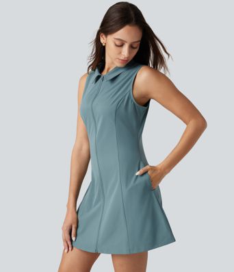 Robe courte décontractée sans manches en popeline extensible avec poches