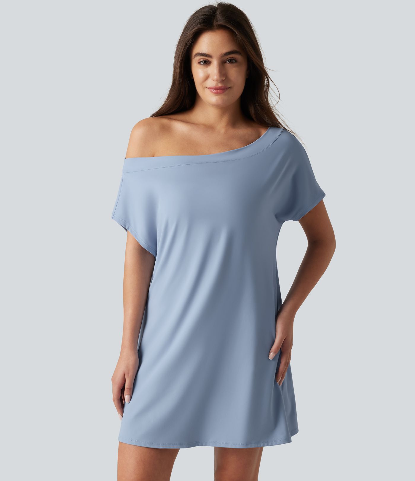 SoftlyZero™ Airy One Shoulder Short Sleeve Built-in Bra Cool Touch Mini Casual Dress