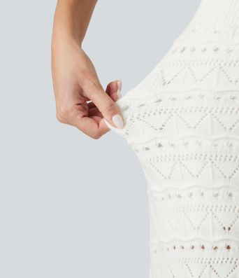 High Waisted 2-in-1 Open Knit Mini Casual Sweater Skirt with Pockets-Longer Length