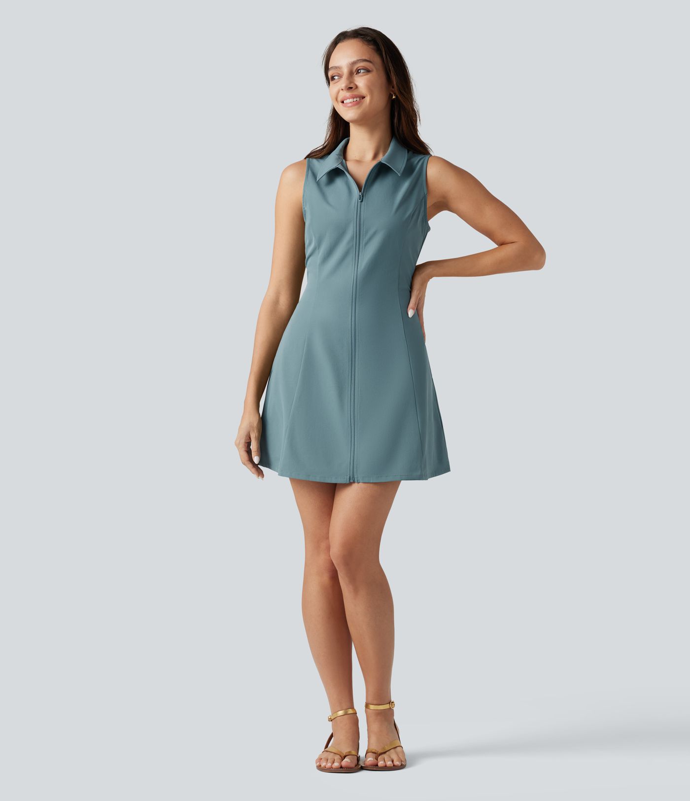 Robe courte décontractée sans manches en popeline extensible avec poches