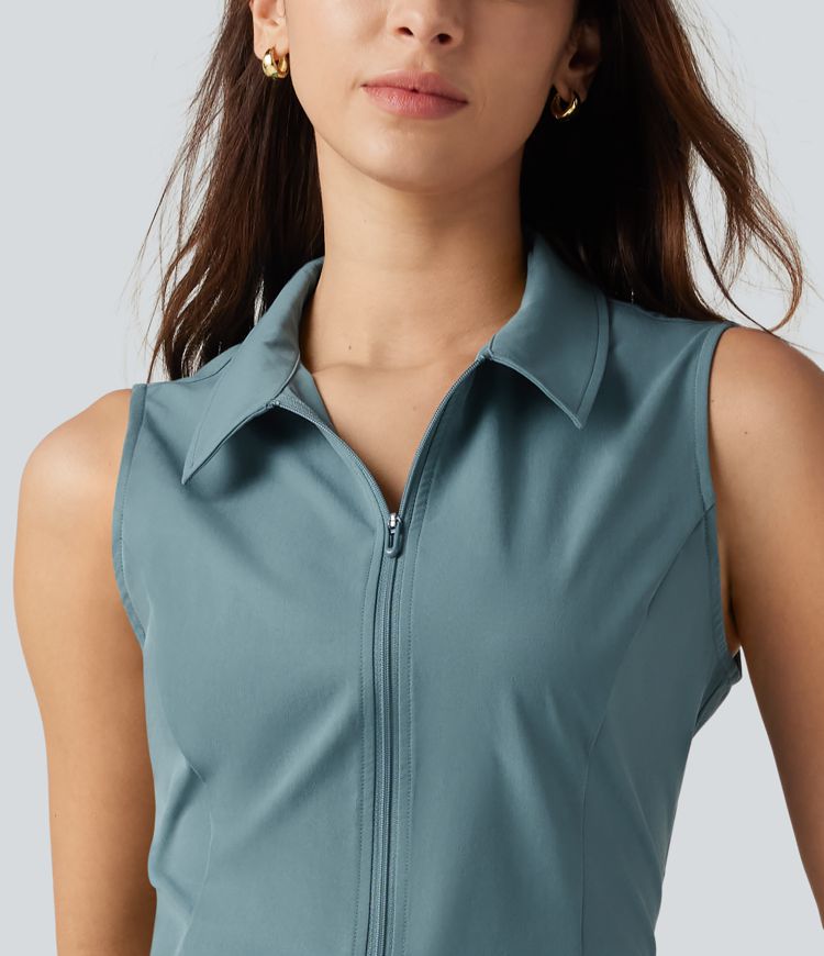 Robe courte décontractée sans manches en popeline extensible avec poches