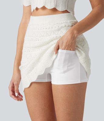 High Waisted 2-in-1 Open Knit Mini Casual Sweater Skirt with Pockets-Longer Length