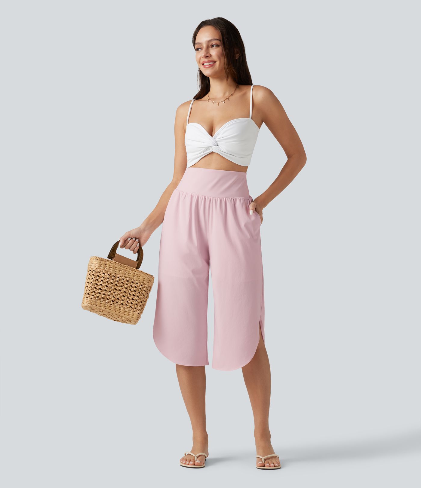 Breezeful™ High Waisted Tummy Control Curved Hem Quick Dry Capri Pants with Pockets