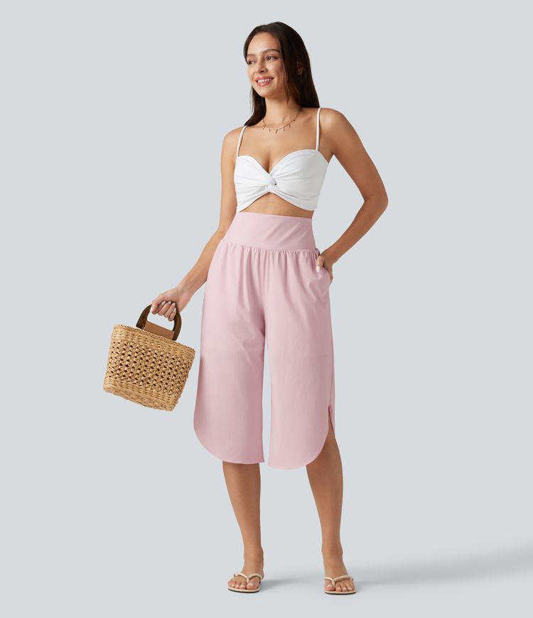 Breezeful™ High Waisted Tummy Control Curved Hem Quick Dry Capri Pants with Pockets