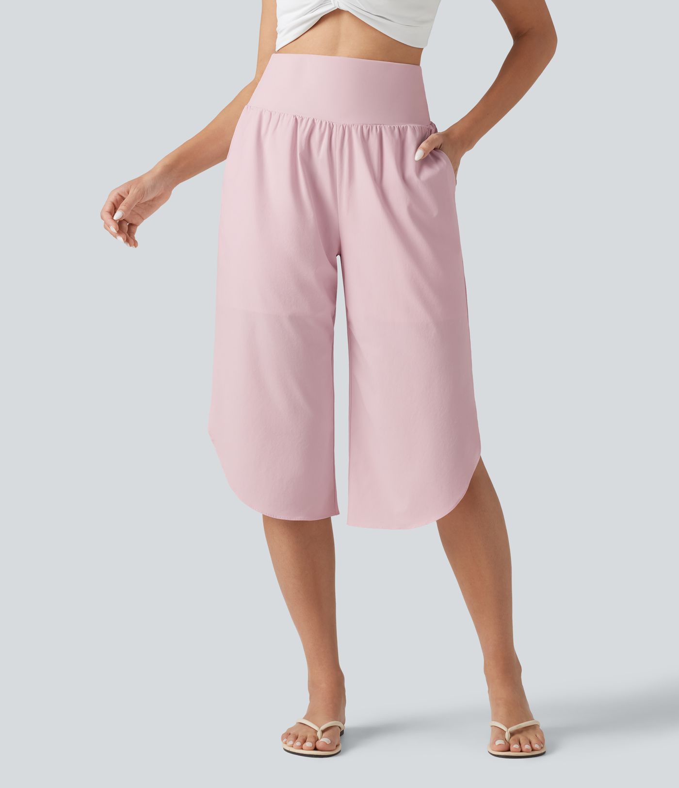 Breezeful™ High Waisted Tummy Control Curved Hem Quick Dry Capri Pants with Pockets