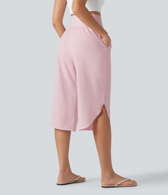 Breezeful™ High Waisted Tummy Control Curved Hem Quick Dry Capri Pants with Pockets