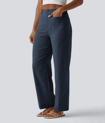 Pantalon taille haute coupe droite effet lin avec poches