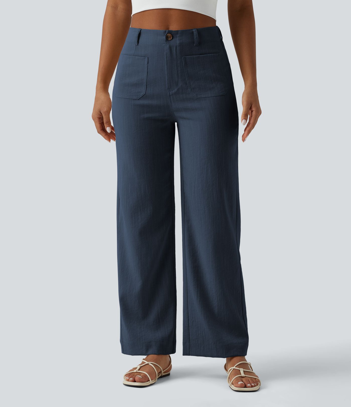 Pantalon taille haute coupe droite effet lin avec poches