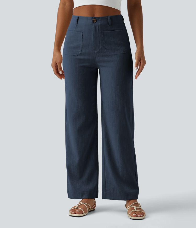 Pantalon taille haute coupe droite effet lin avec poches