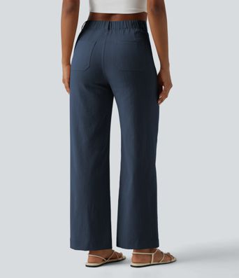 Pantalon taille haute coupe droite effet lin avec poches