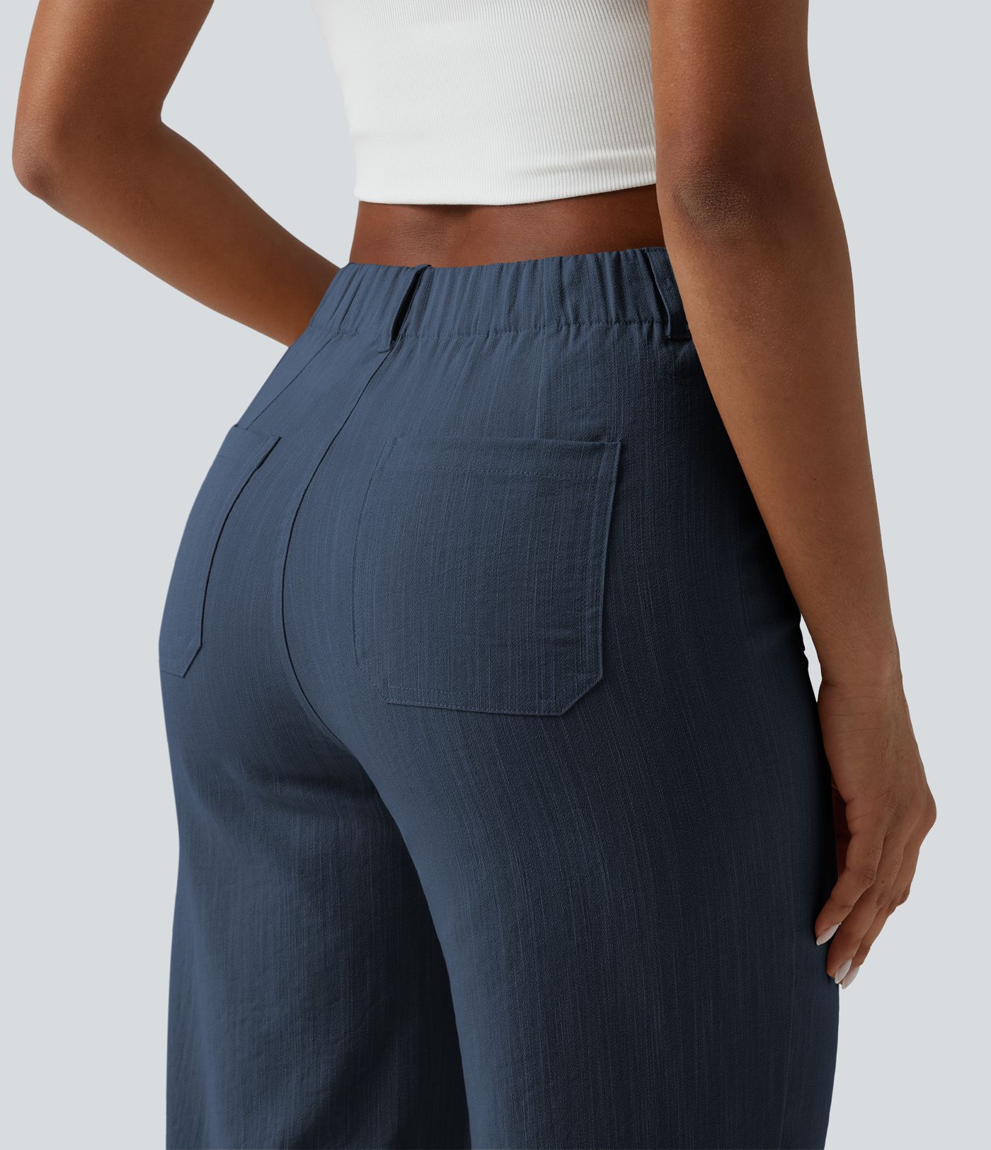 Pantalon taille haute coupe droite effet lin avec poches