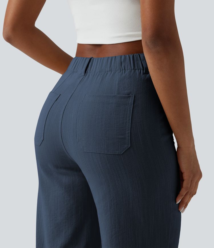 Pantalon taille haute coupe droite effet lin avec poches