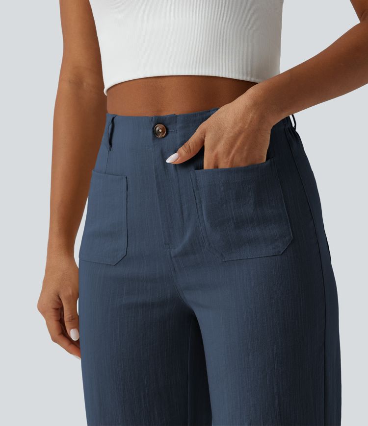 Pantalon taille haute coupe droite effet lin avec poches