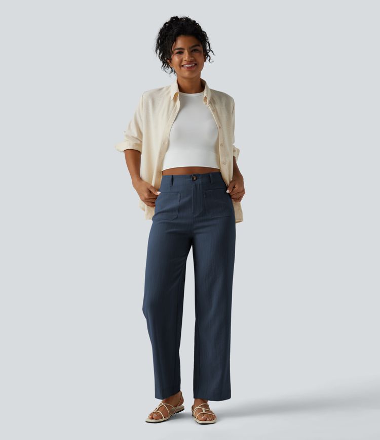 Pantalon taille haute coupe droite effet lin avec poches