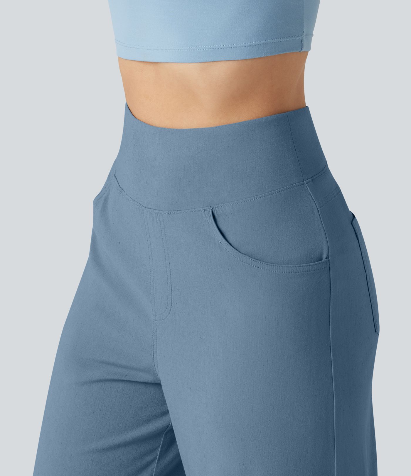 Pantalon large fluide décontracté en lin stretch taille haute gainant avec poches