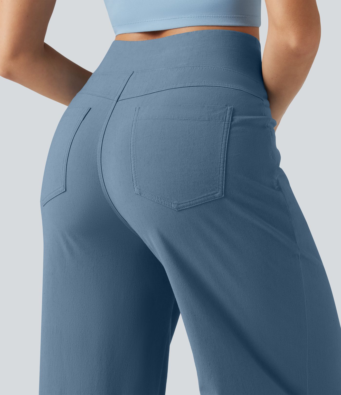 Pantalon large fluide décontracté en lin stretch taille haute gainant avec poches