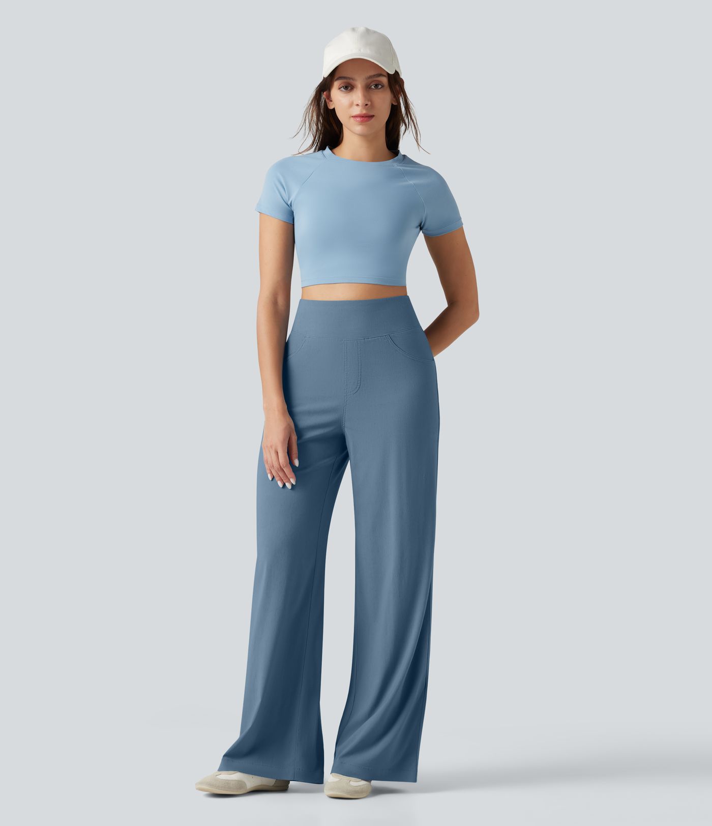 Pantalon large fluide décontracté en lin stretch taille haute gainant avec poches