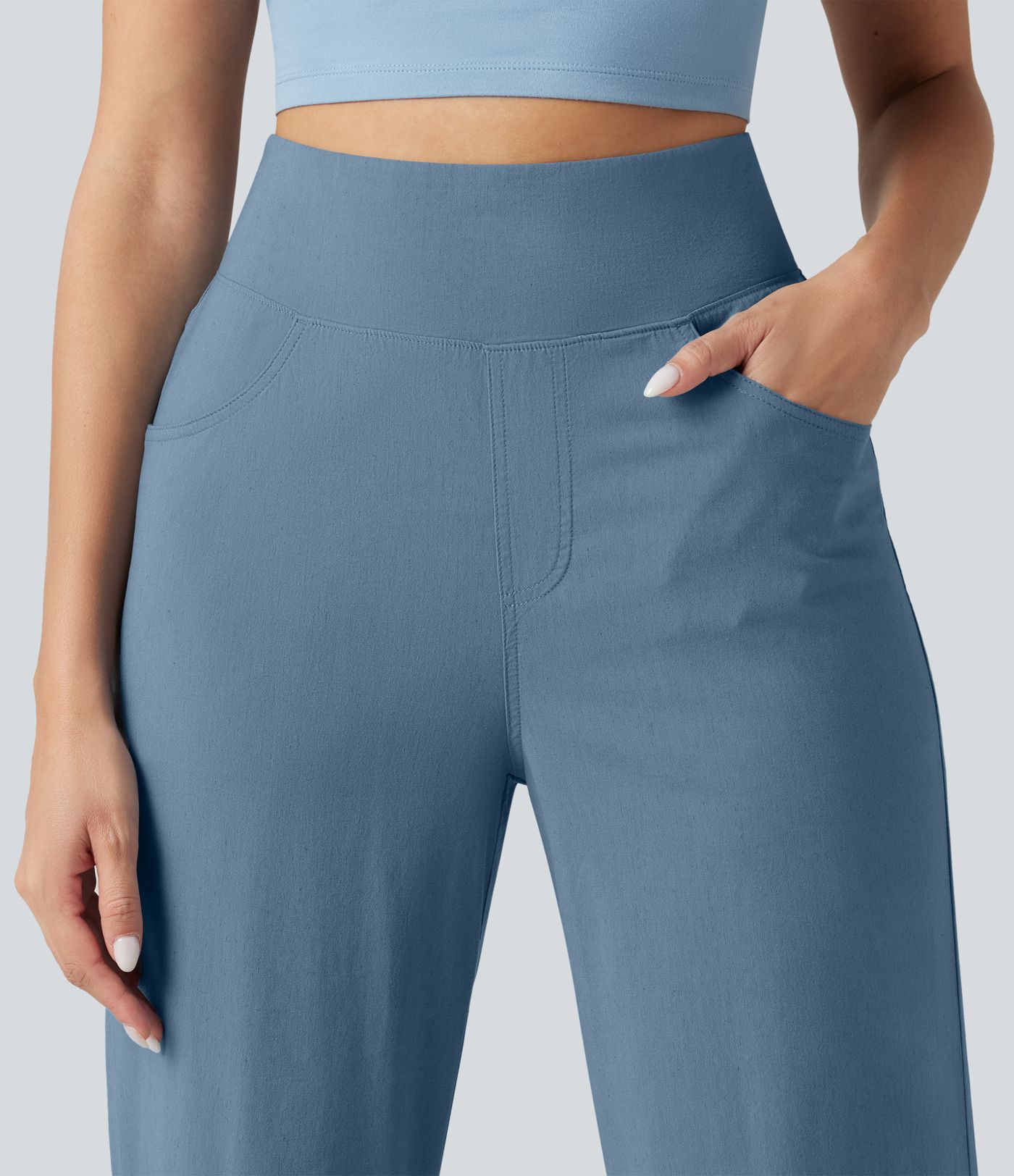 Pantalon large fluide décontracté en lin stretch taille haute gainant avec poches