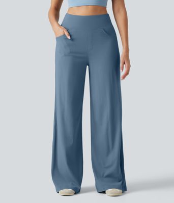 Pantalon large fluide décontracté en lin stretch taille haute gainant avec poches