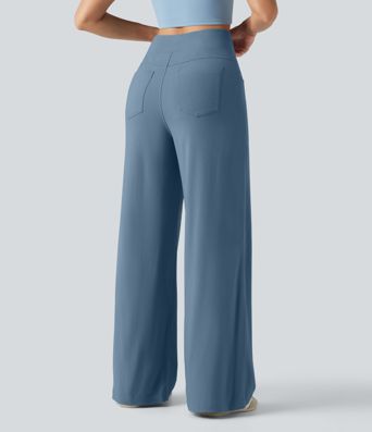 Pantalon large fluide décontracté en lin stretch taille haute gainant avec poches