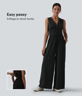 Combinaison tailleur col V sans manches à rayures et fronces avec poches - Easy Peasy