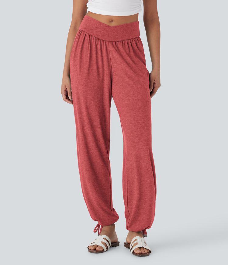 Crossover High Waisted Pocket Drawstring Casual Joggers