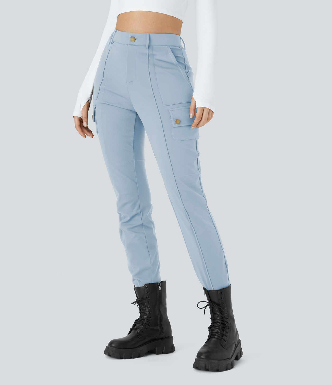 DayStretch High Waisted Zipper Pockets Solid Skinny Hiking Cargo Trousers