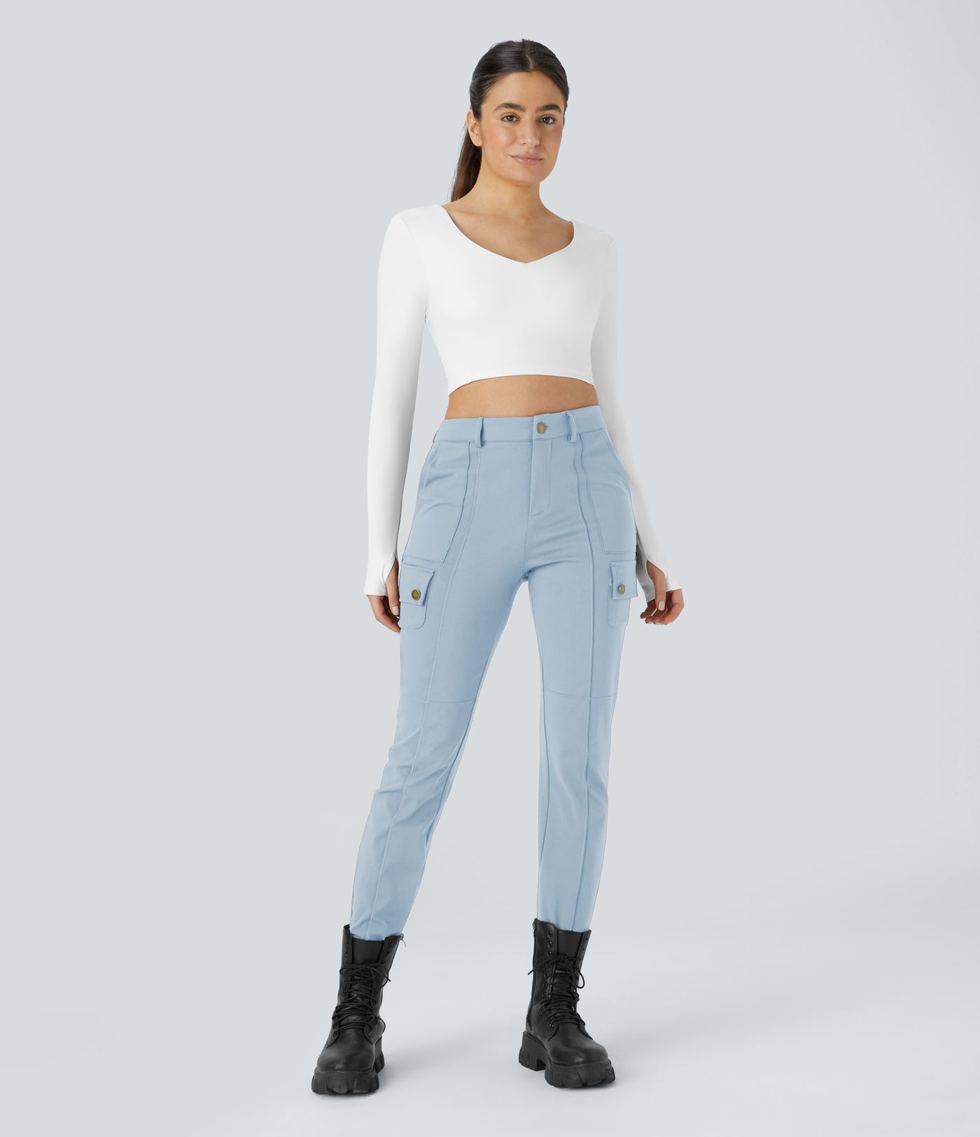 DayStretch High Waisted Zipper Pockets Solid Skinny Hiking Cargo Trousers