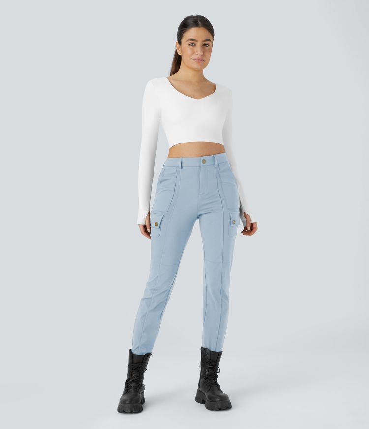 DayStretch High Waisted Zipper Pockets Solid Skinny Hiking Cargo Trousers