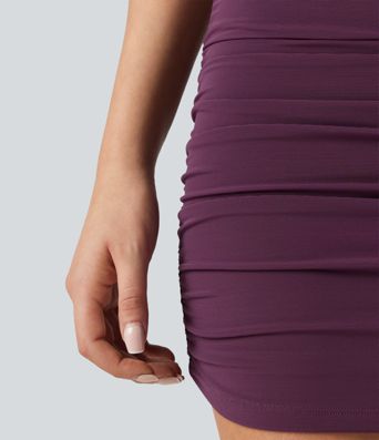 High Waisted Mesh Overlay Ruched Curved Hem 2-in-1 Mini Bodycon Party Skirt