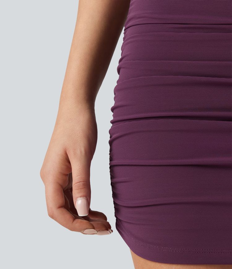 High Waisted Mesh Overlay Ruched Curved Hem 2-in-1 Mini Bodycon Party Skirt