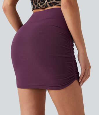 High Waisted Mesh Overlay Ruched Curved Hem 2-in-1 Mini Bodycon Party Skirt