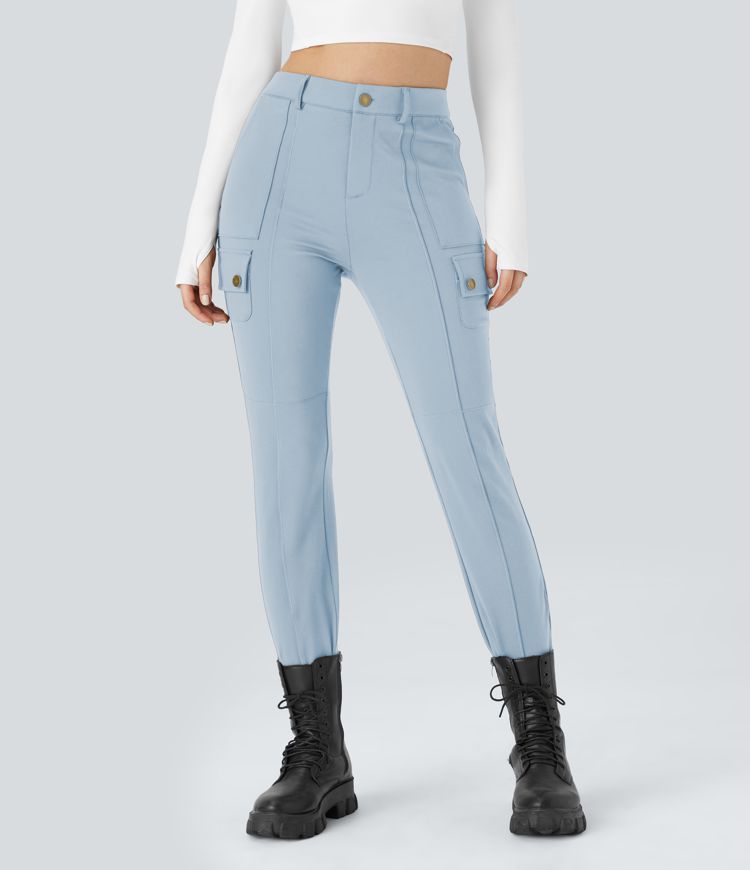 DayStretch High Waisted Zipper Pockets Solid Skinny Hiking Cargo Trousers