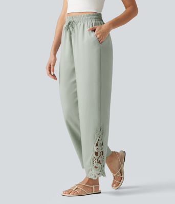 Pantalon large fluide décontracté taille haute à cordon de serrage en lyocell mélangé lin avec poches