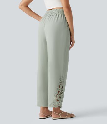 Pantalon large fluide décontracté taille haute à cordon de serrage en lyocell mélangé lin avec poches