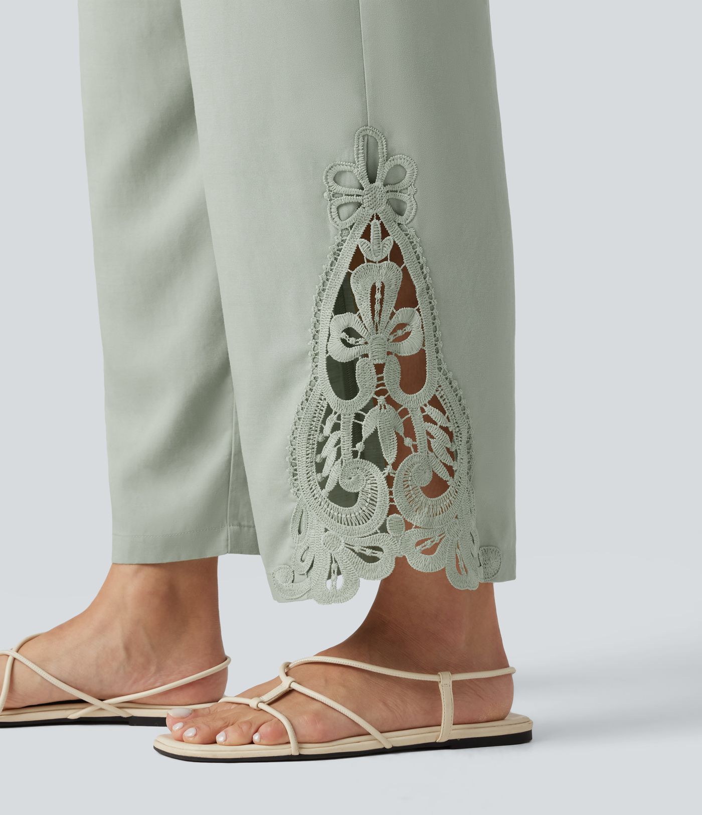 Pantalon large fluide décontracté taille haute à cordon de serrage en lyocell mélangé lin avec poches