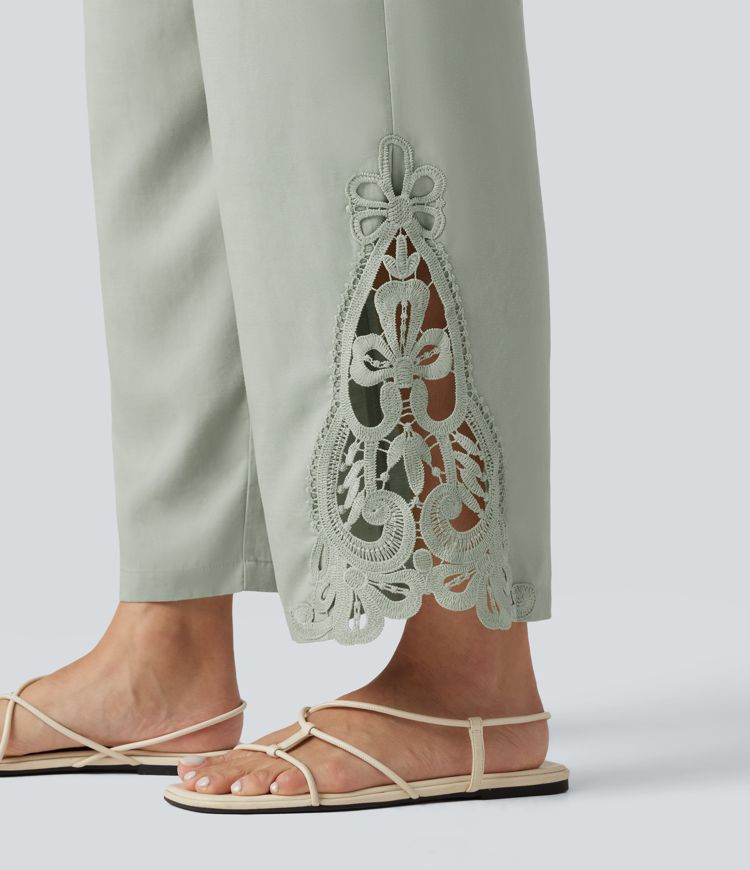 Pantalon large fluide décontracté taille haute à cordon de serrage en lyocell mélangé lin avec poches