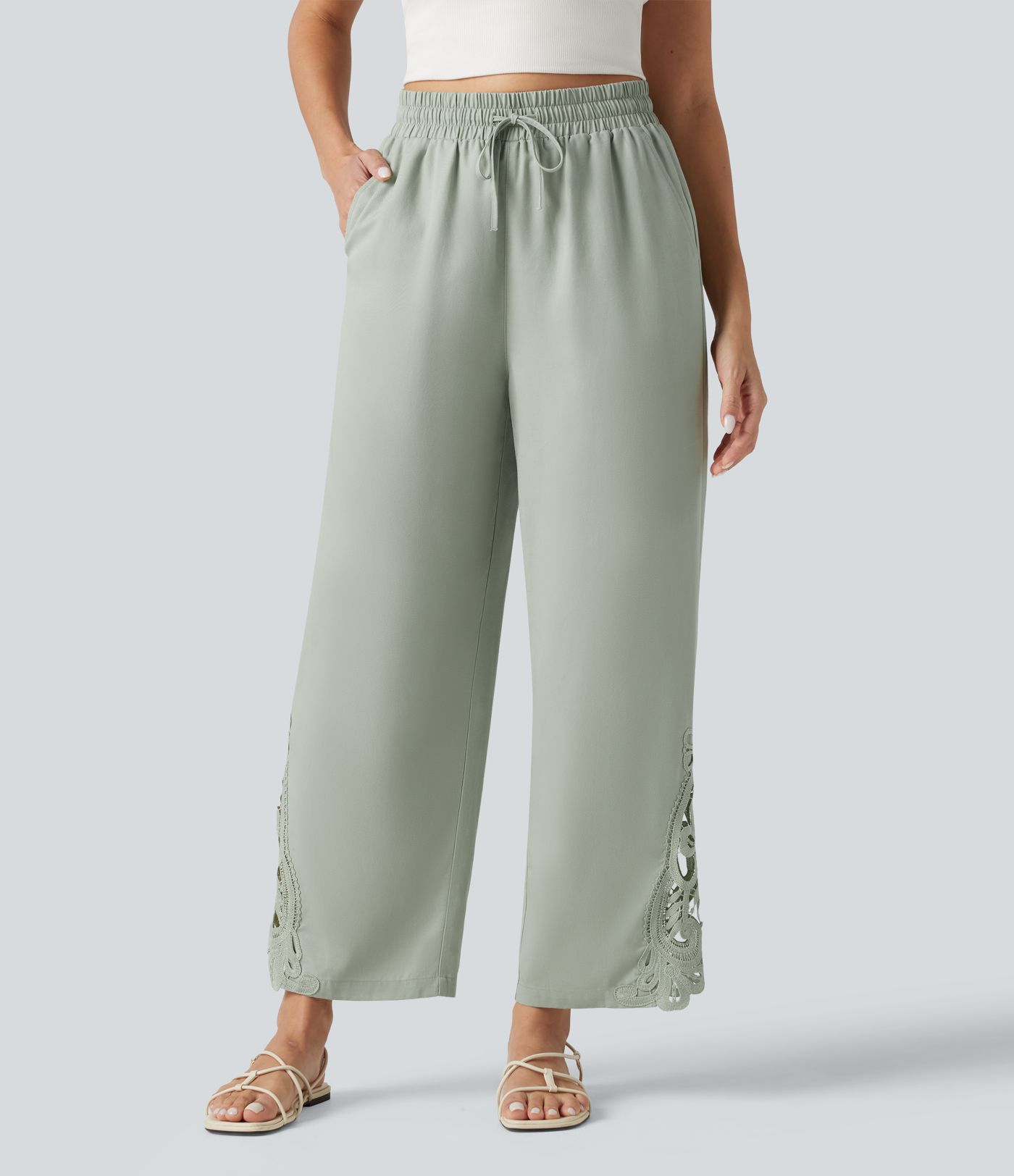 Pantalon large fluide décontracté taille haute à cordon de serrage en lyocell mélangé lin avec poches